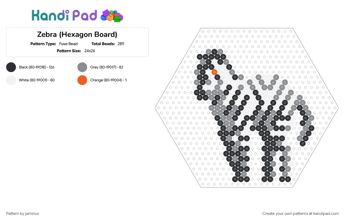 Zebra (Hexagon Board) - Fuse Bead Pattern by jaminux on Kandi Pad - animal, black and white, fuse beads, gray, nature, perler, safari, stripes