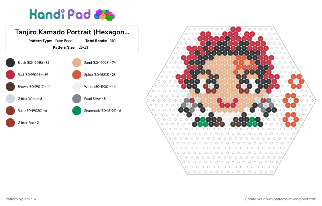 Tanjiro Kamado Portrait (Hexagon Board) - Fuse Bead Pattern by jaminux on Kandi Pad - anime, beige, character, demon slayer, fuse beads, kimetsu no yaiba, manga, perler, red