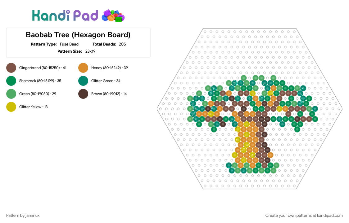 Baobab Tree (Hexagon Board) - Fuse Bead Pattern by jaminux on Kandi Pad - fuse beads, glitter beads, green, nature, orange, perler, plants, safari, tan, teal