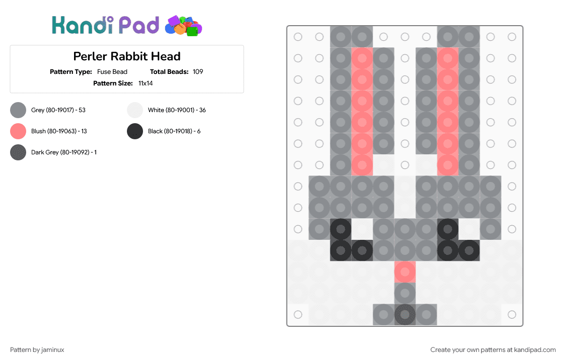 Perler Rabbit Head - Fuse Bead Pattern by jaminux on Kandi Pad - animal, bunny, cute, fuse beads, gray, nature, small