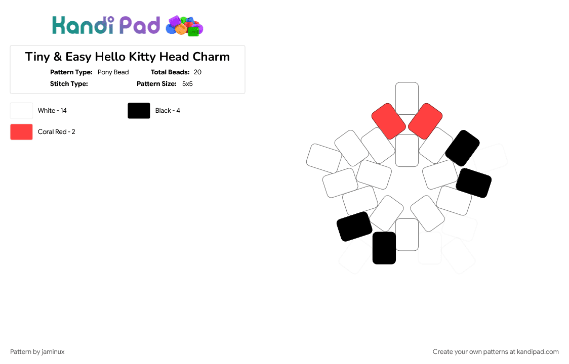 Tiny & Easy Hello Kitty Head Charm - Pony Bead Pattern by jaminux on Kandi Pad - beginner, cat, character, cute, kawaii, kitten, sanrio, white