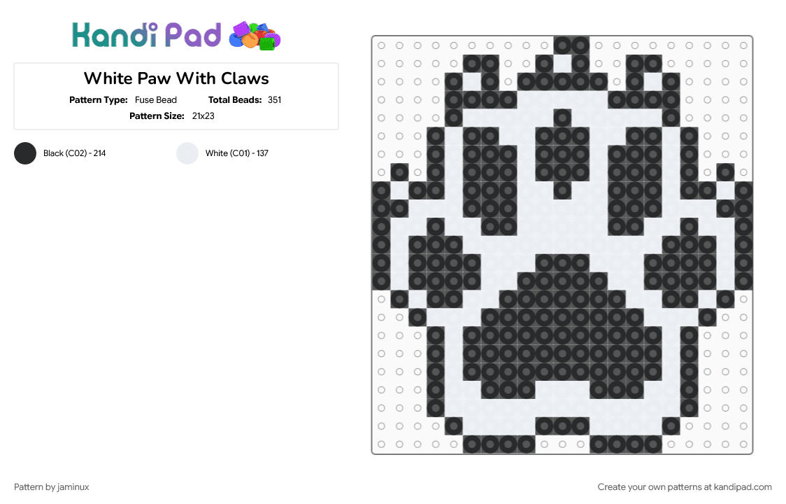 White Paw With Claws - Fuse Bead Pattern by jaminux on Kandi Pad - animal, black, black and white, cat, furry, monochrome, white
