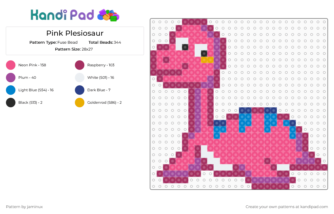 Pink Plesiosaur - Fuse Bead Pattern by jaminux on Kandi Pad - pink,dino,dinos,dinosaur