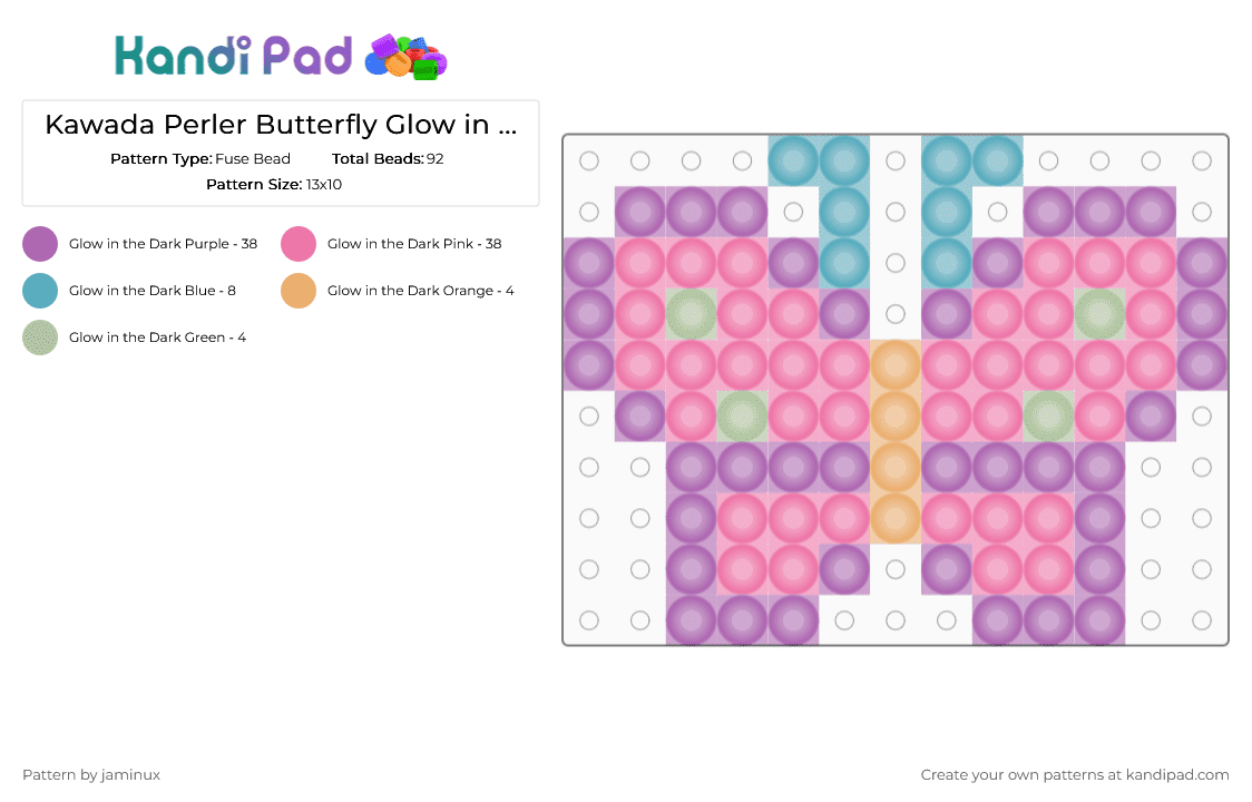 Kawada Perler Butterfly Glow in the Dark - Fuse Bead Pattern by jaminux on Kandi Pad - pink,small,tiny,nature,bugs,insect,animal