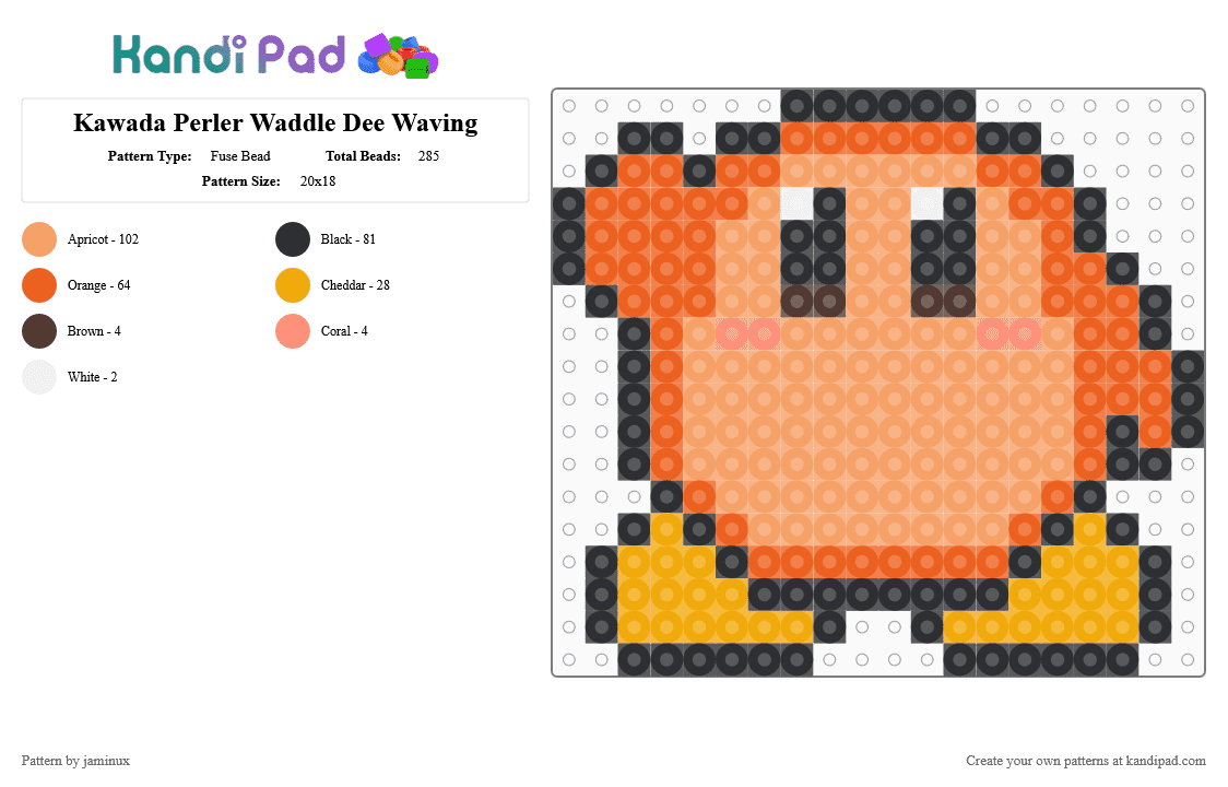 Kawada Perler Waddle Dee Waving - Fuse Bead Pattern by jaminux on Kandi Pad - orange,nintendo,cute,kawaii,kirby,small