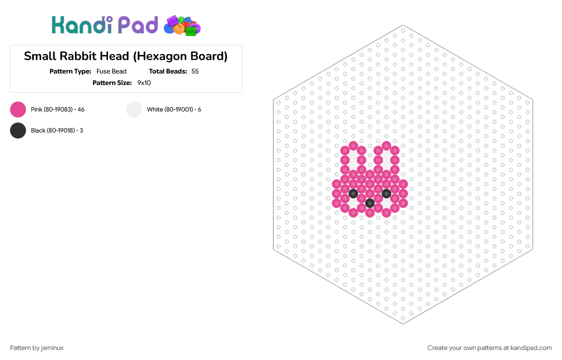 Small Rabbit Head (Hexagon Board) - Fuse Bead Pattern by jaminux on Kandi Pad - animal, bunny, cute, easy, fuse beads, nature, perler, pink