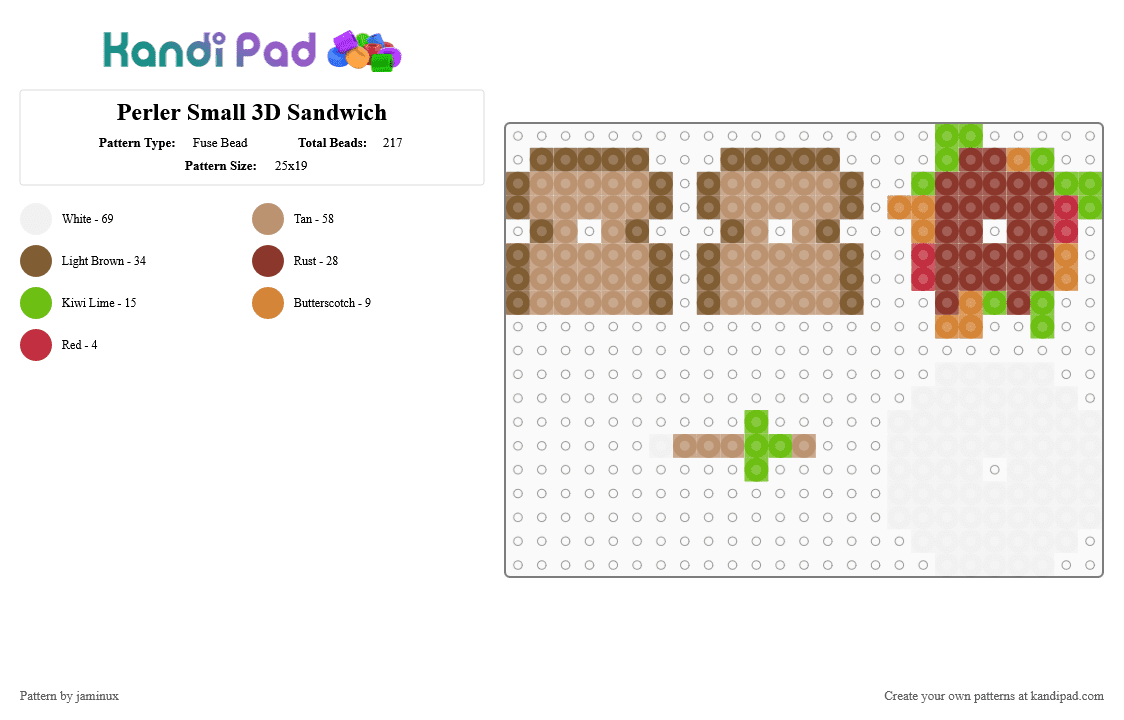 Perler Small 3D Sandwich - Fuse Bead Pattern by jaminux on Kandi Pad - tan,beige,red,food,tiny,mini