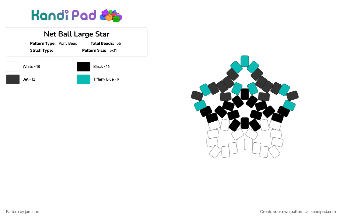 Net Ball Large Star - Pony Bead Pattern by jaminux on Kandi Pad - beginner, black, easy, gaming, keychain, poke ball, pokemon, pony beads, teal, white