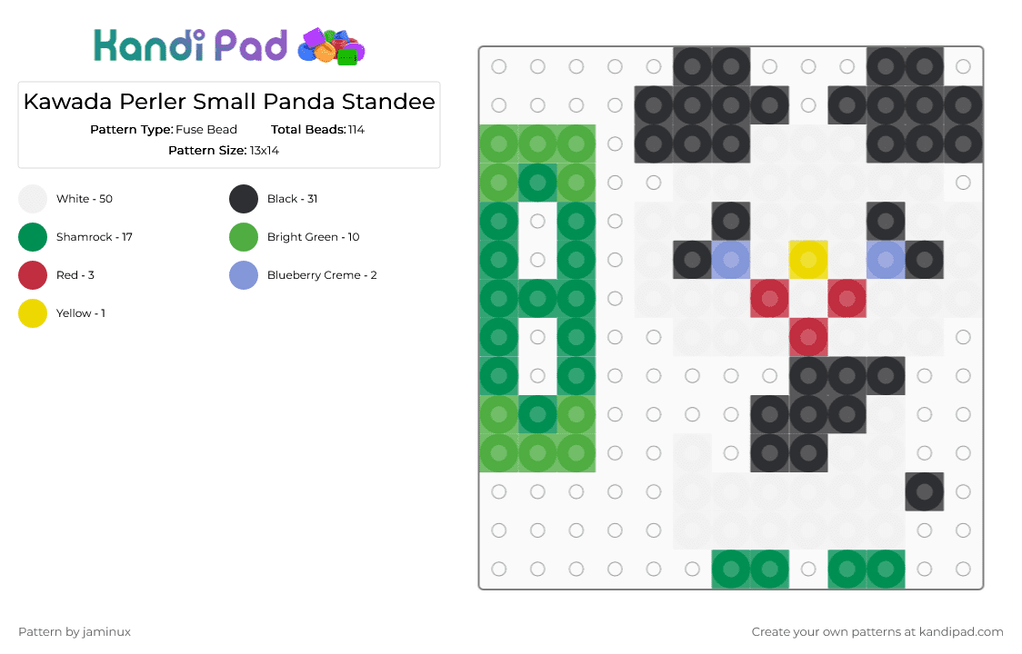 Kawada Perler Small Panda Standee - Fuse Bead Pattern by jaminux on Kandi Pad - white,green,tiny,mini,animal,3d,bear,black