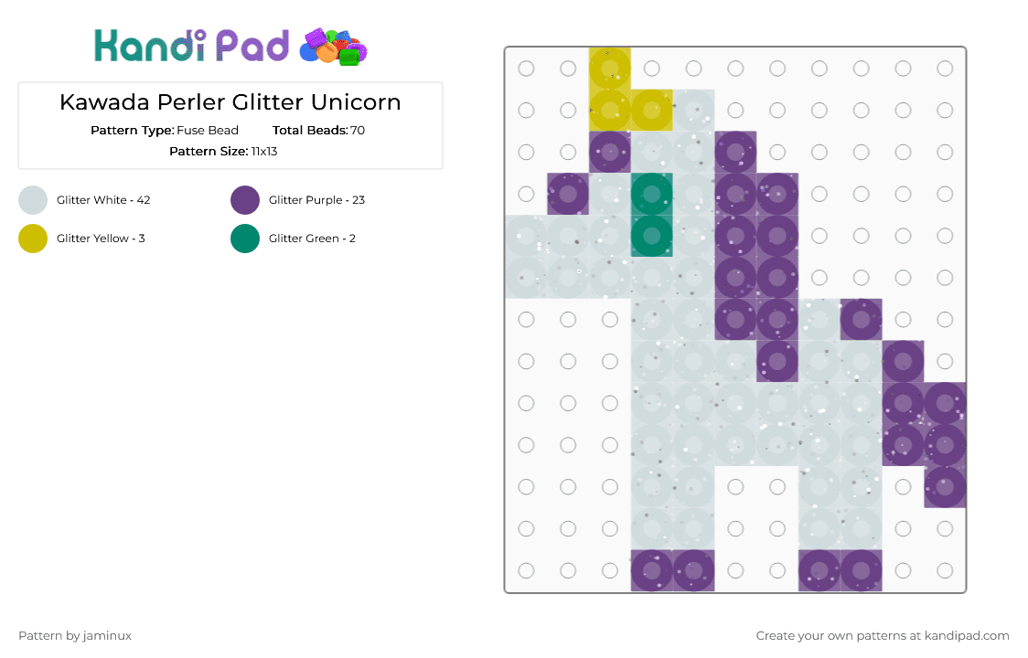 Kawada Perler Glitter Unicorn - Fuse Bead Pattern by jaminux on Kandi Pad - white,purple,small,tiny,horse,pony,animal,pet