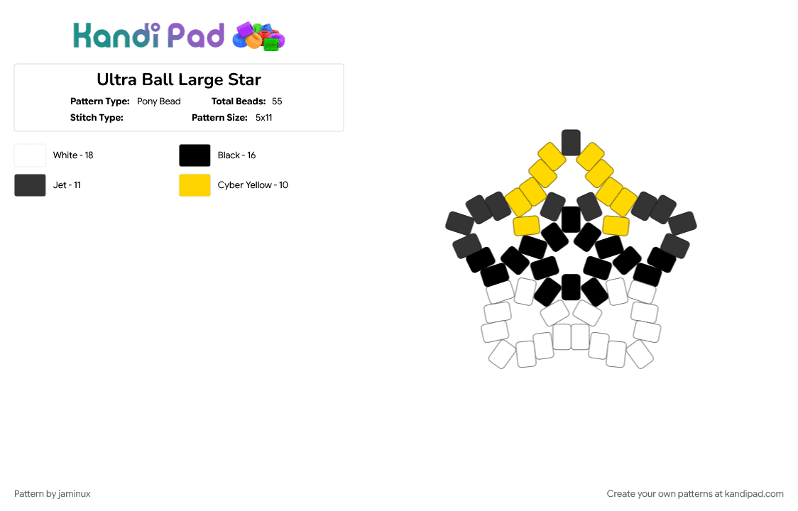 Ultra Ball Large Star - Pony Bead Pattern by jaminux on Kandi Pad - beginner, black, easy, gaming, keychain, poke ball, pokemon, pony beads, white, yellow
