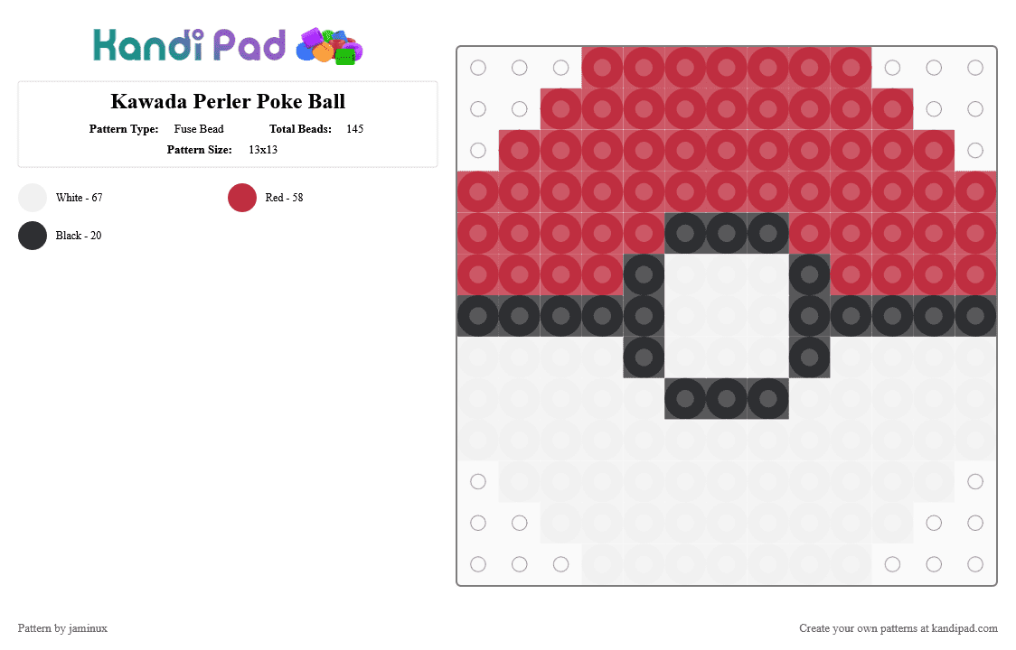 Kawada Perler Poke Ball - Fuse Bead Pattern by jaminux on Kandi Pad - white,red,pokemon,pkmn,small