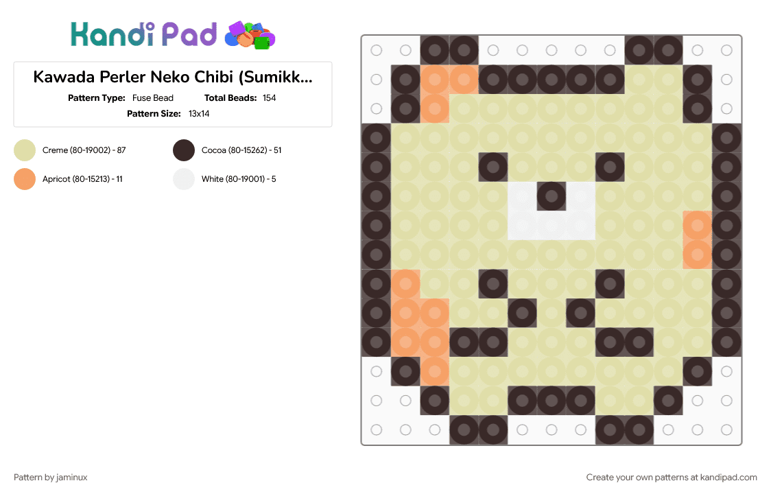 Kawada Perler Neko Chibi (Sumikko Gurashi) - Fuse Bead Pattern by jaminux on Kandi Pad - brown, cat, character, cotdkawaii, cute, fuse beads, kitty, small, sumikko gurashi, yellow