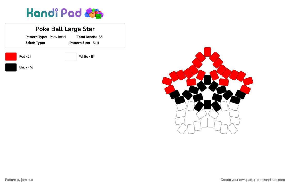 Poke Ball Large Star - Pony Bead Pattern by jaminux on Kandi Pad - beginner, easy, gaming, keychain, pokemon, pony beads, red, video game, white