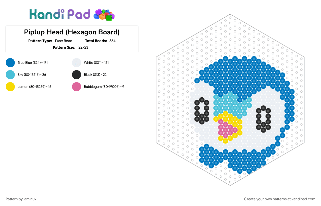 Piplup Head (Hexagon Board) - Fuse Bead Pattern by jaminux on Kandi Pad - blue, character, fuse bead, green, nintendo, perler, pokemon, starter, video game
