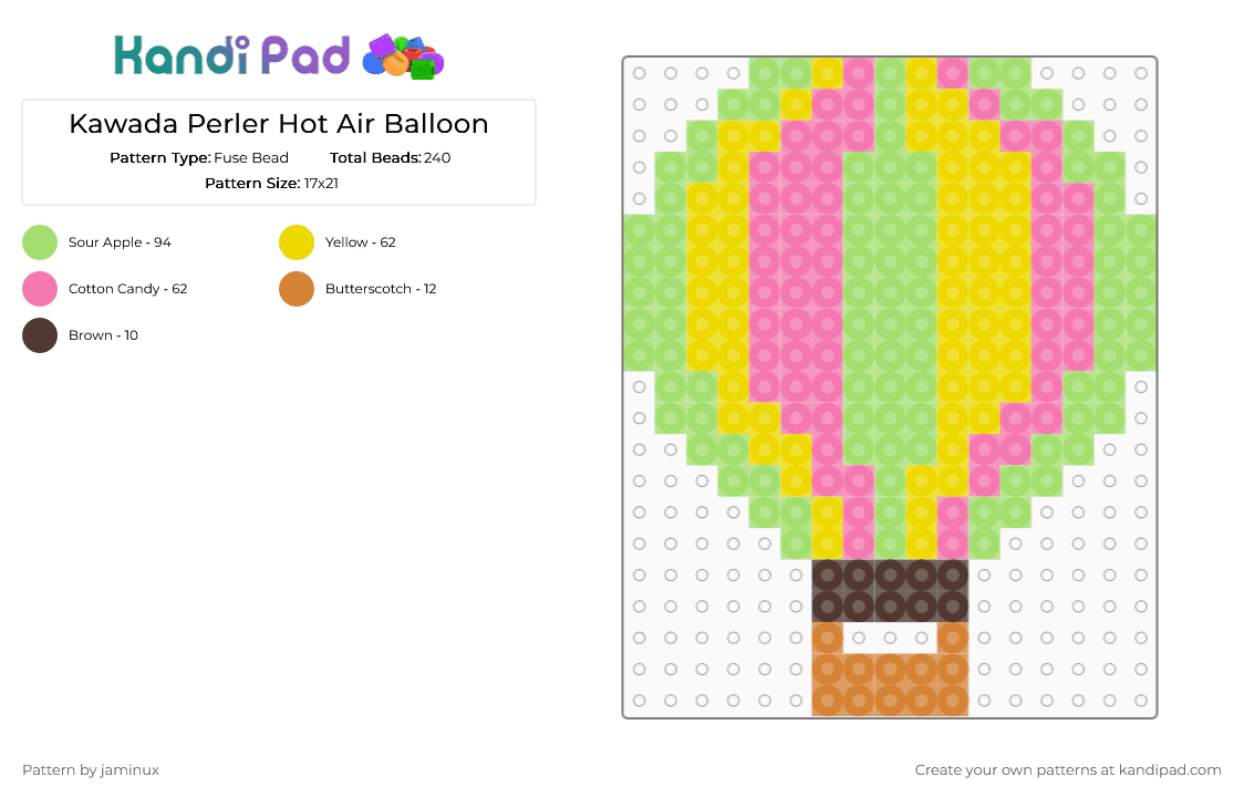 Kawada Perler Hot Air Balloon Pastel - Fuse Bead Pattern by jaminux on Kandi Pad - green,yellow,pink