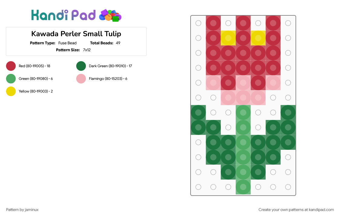 Kawada Perler Small Tulip - Fuse Bead Pattern by jaminux on Kandi Pad - easy, flower, green, nature, plant, red, small