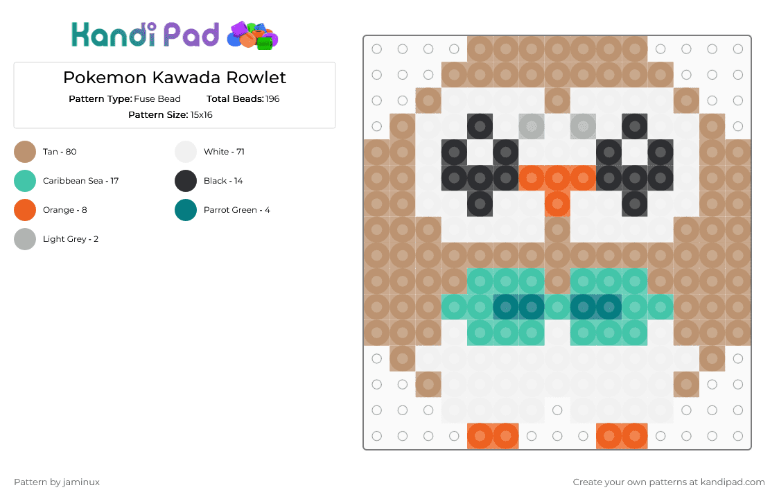 Kawada Perler Rowlet - Fuse Bead Pattern by jaminux on Kandi Pad - beige,pokemon,pkmn,small