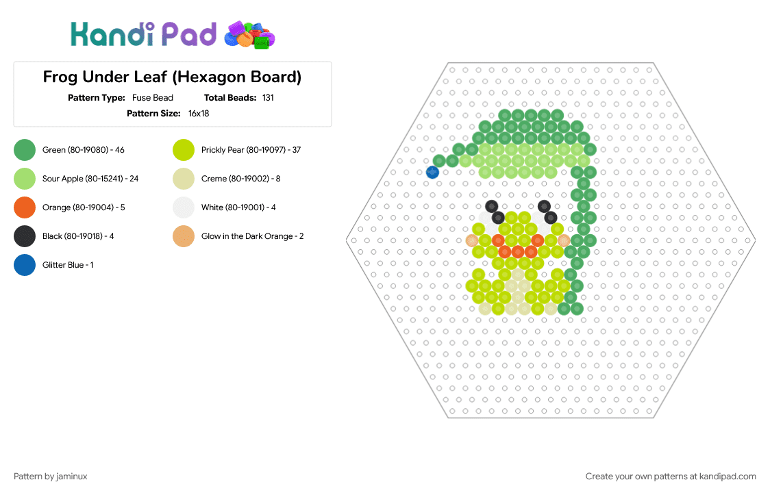 Frog Under Leaf (Hexagon Board) - Fuse Bead Pattern by jaminux on Kandi Pad - animal, cute, fuse beads, green, kawaii, nature, perler