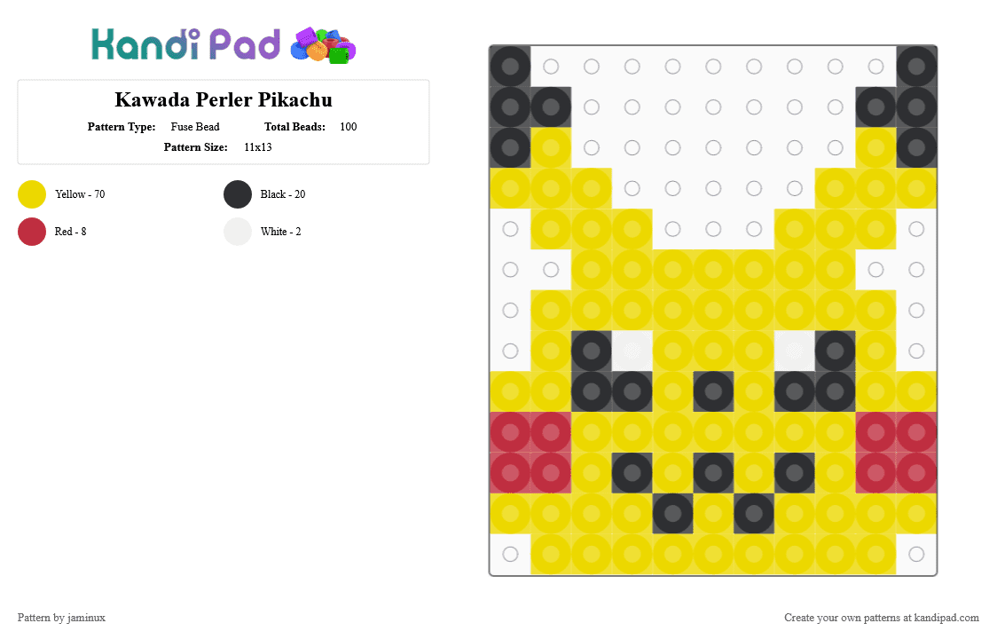 Kawada Perler Pikachu - Fuse Bead Pattern by jaminux on Kandi Pad - yellow,small,pokemon,pkmn