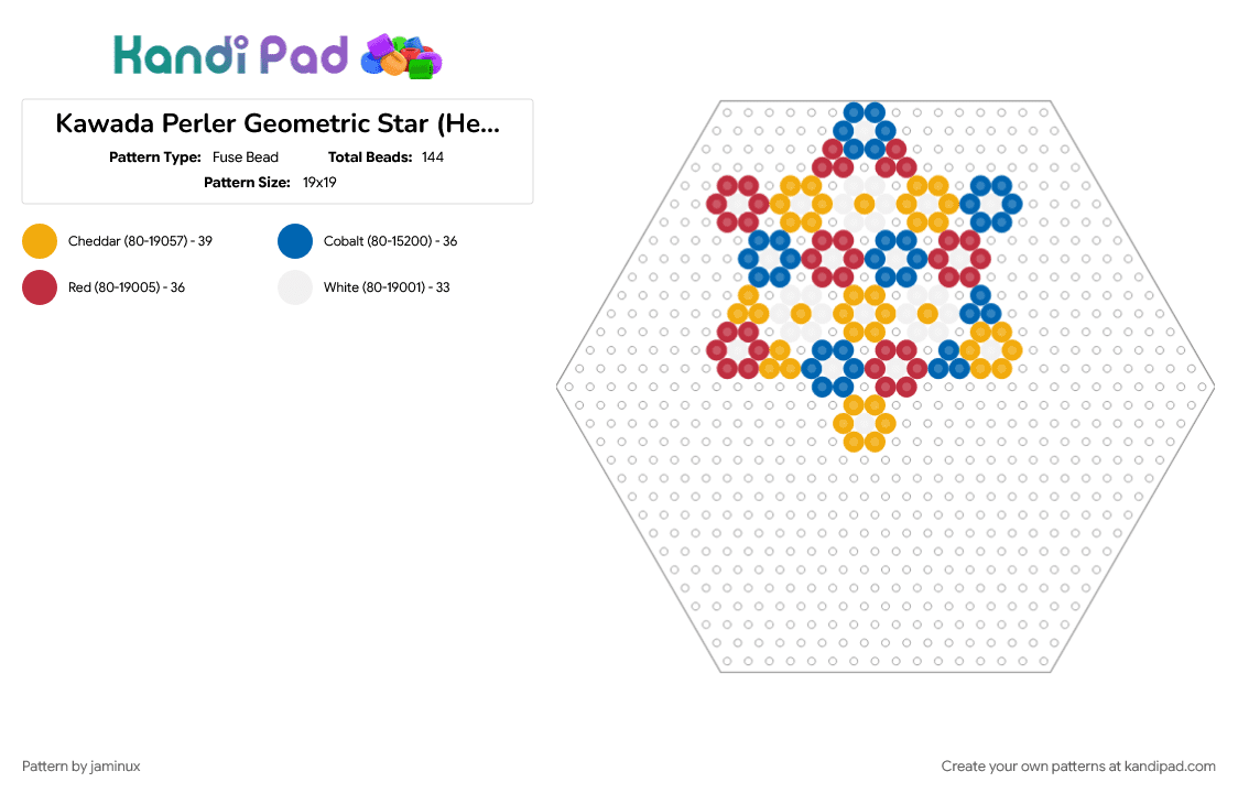 Kawada Perler Geometric Star (Hexagon Board) - Fuse Bead Pattern by jaminux on Kandi Pad - 6 pointed star, blue, flower, geometric, orange, red, six pointed star
