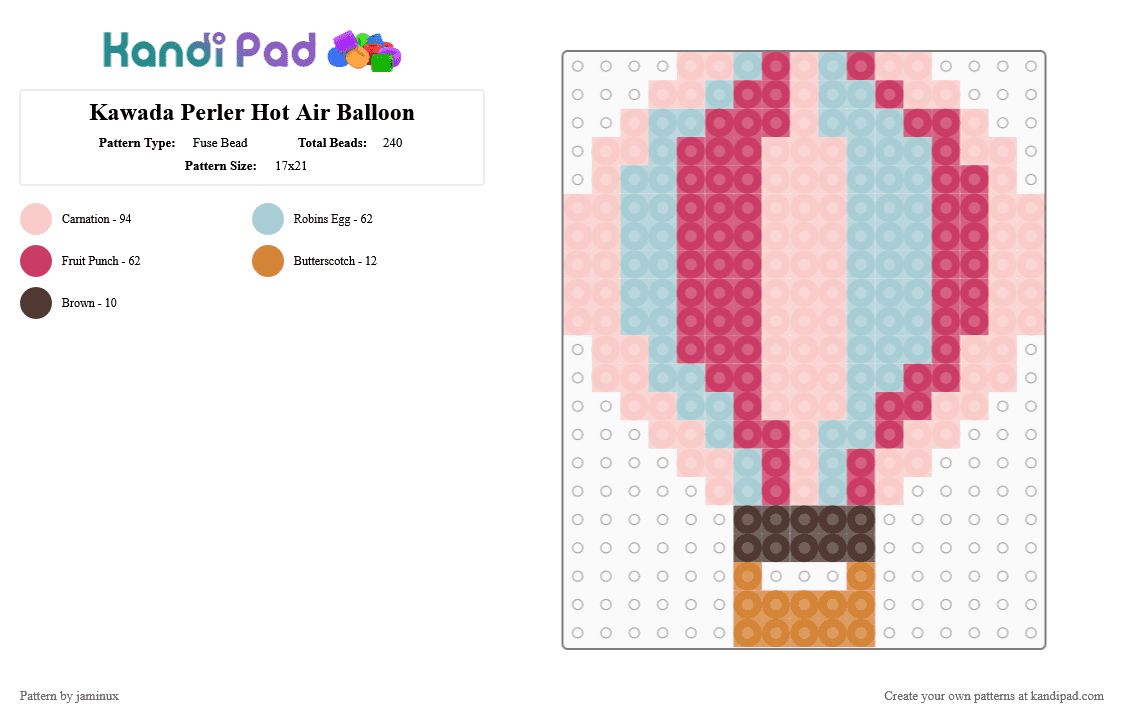 Kawada Perler Hot Air Balloon - Fuse Bead Pattern by jaminux on Kandi Pad - beige,light blue,pink,red,blue