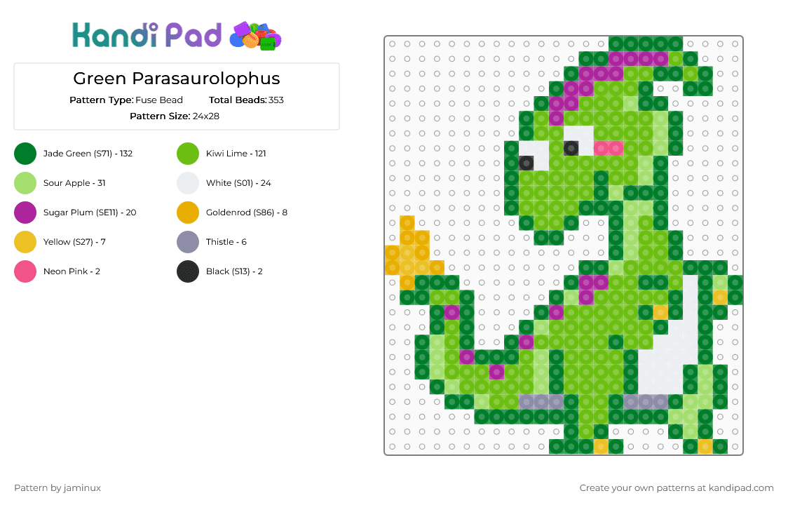 Green Parasaurolophus - Fuse Bead Pattern by jaminux on Kandi Pad - dino, dinos, dinosaur, green