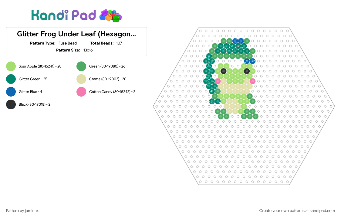 Glitter Frog Under Leaf (Hexagon Board) - Fuse Bead Pattern by jaminux on Kandi Pad - animal, cute, fuse bead, green, nature, perler, rain, teal, yellow
