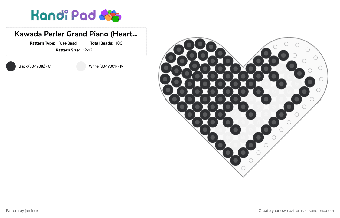 Kawada Perler Grand Piano (Heart Pegboard) - Fuse Bead Pattern by jaminux on Kandi Pad - black, instrument, music, small