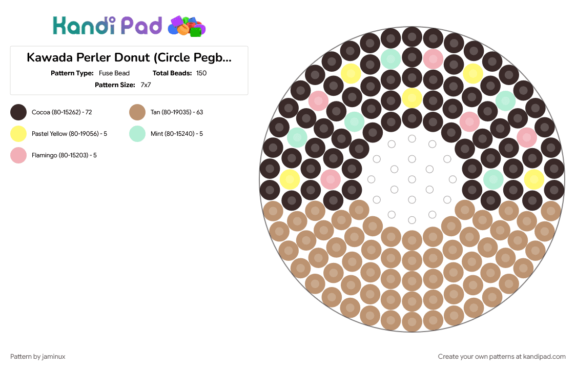 Kawada Perler Donut (Circle Pegboard) - Fuse Bead Pattern by jaminux on Kandi Pad - beige, brown, chocolate, dessert, doughnut, food, fruit, small, sweets