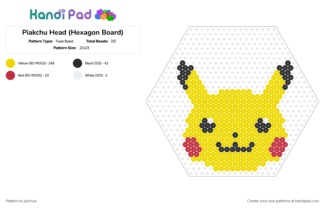 Piakchu Head (Hexagon Board) - Fuse Bead Pattern by jaminux on Kandi Pad - character, cute, fuse bead, nintendo, perler, pokemon, video game, yellow