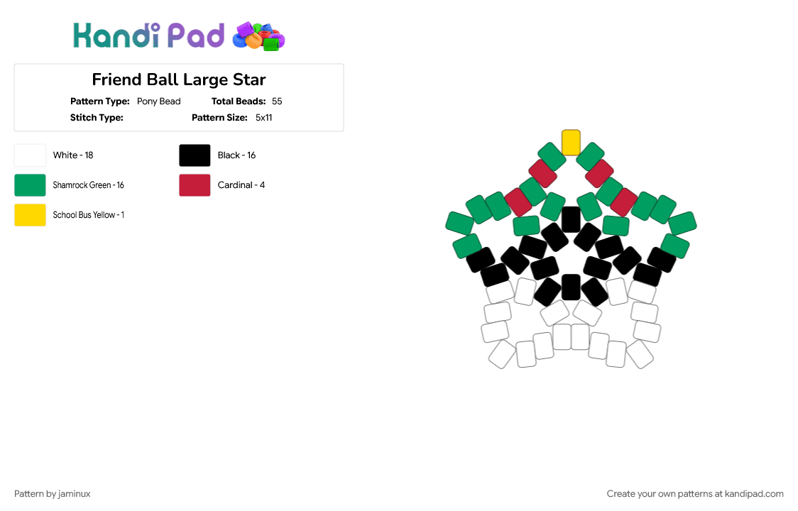 Friend Ball Large Star - Pony Bead Pattern by jaminux on Kandi Pad - beginner, easy, gaming, green, keychain, poke ball, pokemon, pony beads