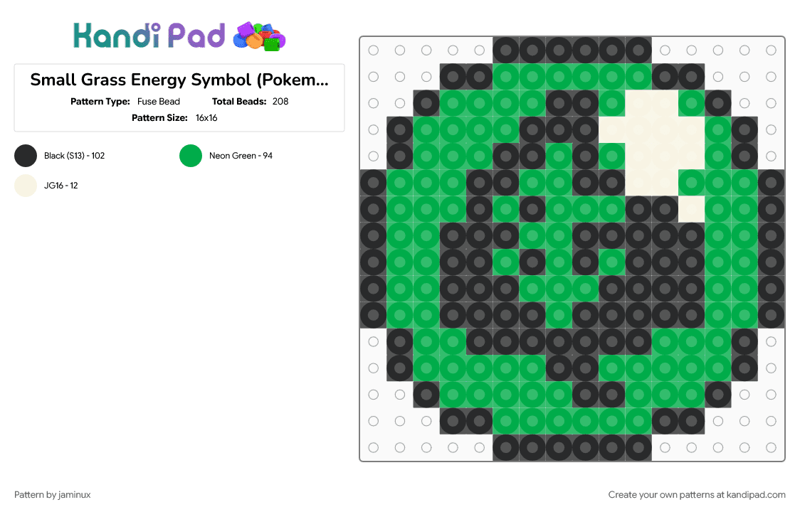 Small Grass Energy Symbol (Pokemon TCG GB) - Fuse Bead Pattern by jaminux on Kandi Pad - easy, fuse beads, gaming, grass type, green, leaf, perler, retro