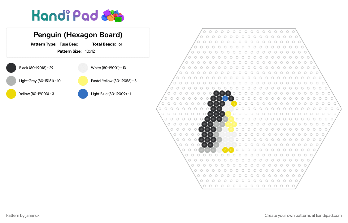 Penguin (Hexagon Board) - Fuse Bead Pattern by jaminux on Kandi Pad - animal, arctic, beige, bird, black, fuse beads, nature, perler, yellow