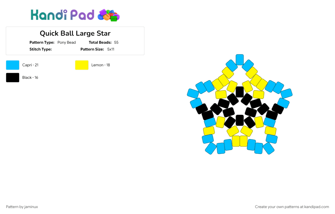 Quick Ball Large Star - Pony Bead Pattern by jaminux on Kandi Pad - beginner, blue, easy, gaming, keychain, light blue, poke ball, pokemon, pony beads, yellow