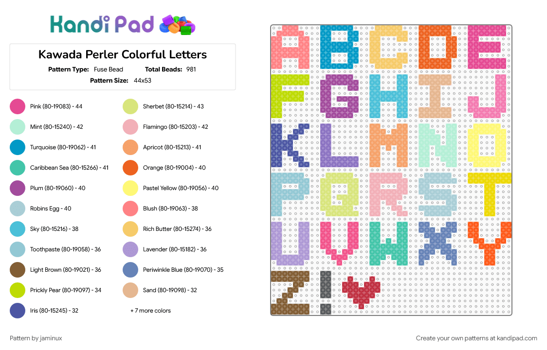 Kawada Perler Colorful Letters - Fuse Bead Pattern by jaminux on Kandi Pad - 