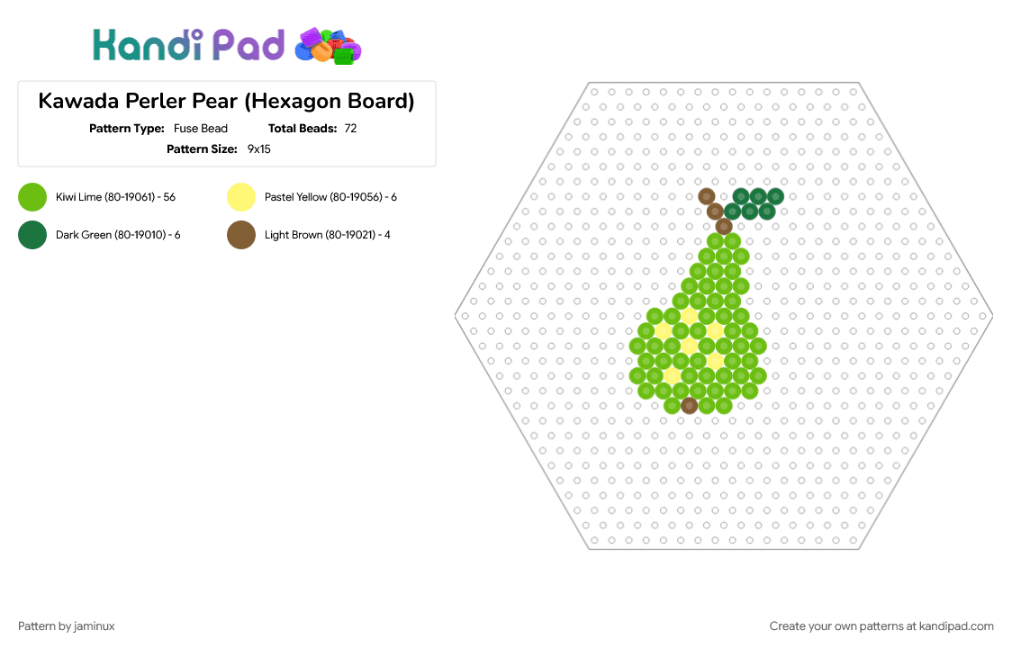 Kawada Perler Pear (Hexagon Board) - Fuse Bead Pattern by jaminux on Kandi Pad - food, fruit, fuse beads, green, small