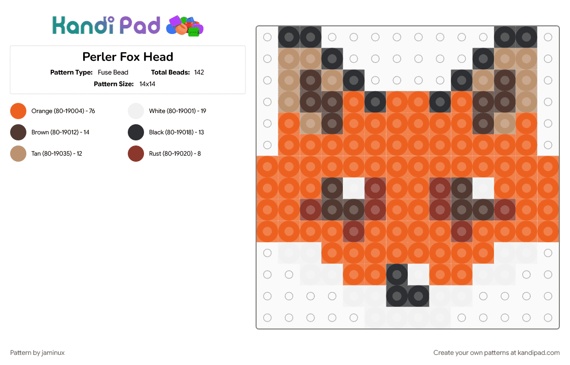 Perler Fox Head - Fuse Bead Pattern by jaminux on Kandi Pad - animal, cute, fuse beads, nature, orange, small