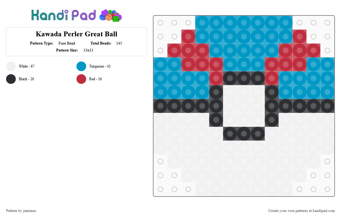 Kawada Perler Great Ball - Fuse Bead Pattern by jaminux on Kandi Pad - light blue,red,pokemon,pkmn,small