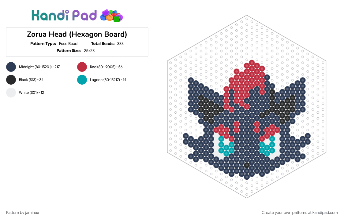 Zorua Head (Hexagon Board) - Fuse Bead Pattern by jaminux on Kandi Pad - character, cute, fox, fuse bead, nintendo, perler, pokemon, purple, video game