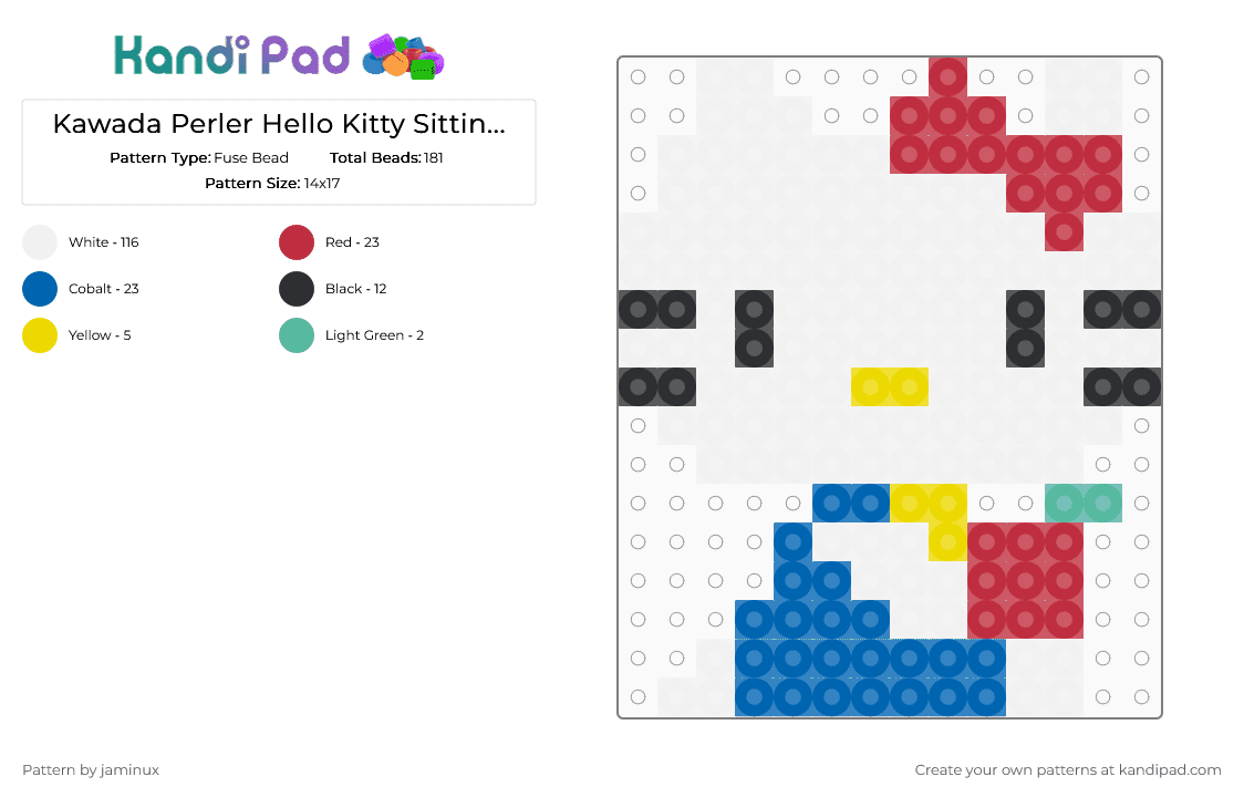 Kawada Perler Hello Kitty Sitting with Apple - Fuse Bead Pattern by jaminux on Kandi Pad - white,red,blue,small,kawaii,cute,sanrio