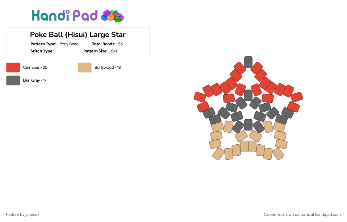 Poke Ball (Hisui) Large Star - Pony Bead Pattern by jaminux on Kandi Pad - beginner, beige, easy, gaming, keychain, pokemon, pony beads, red, video game