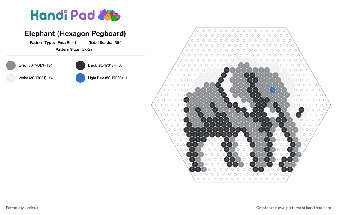 Elephant (Hexagon Pegboard) - Fuse Bead Pattern by jaminux on Kandi Pad - animal, fuse beads, gray, grey, nature, perler, safari