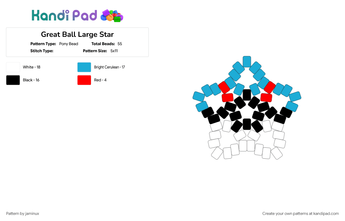 Great Ball Large Star - Pony Bead Pattern by jaminux on Kandi Pad - beginner, blue, easy, gaming, keychain, light blue, poke ball, pokemon, pony beads