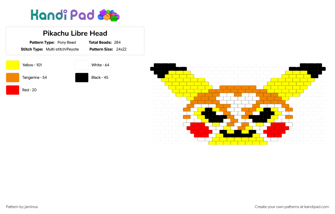 Pikachu Libre Head - Pony Bead Pattern by jaminux on Kandi Pad - cute, gaming, nintendo, orange, pokemon, yellow