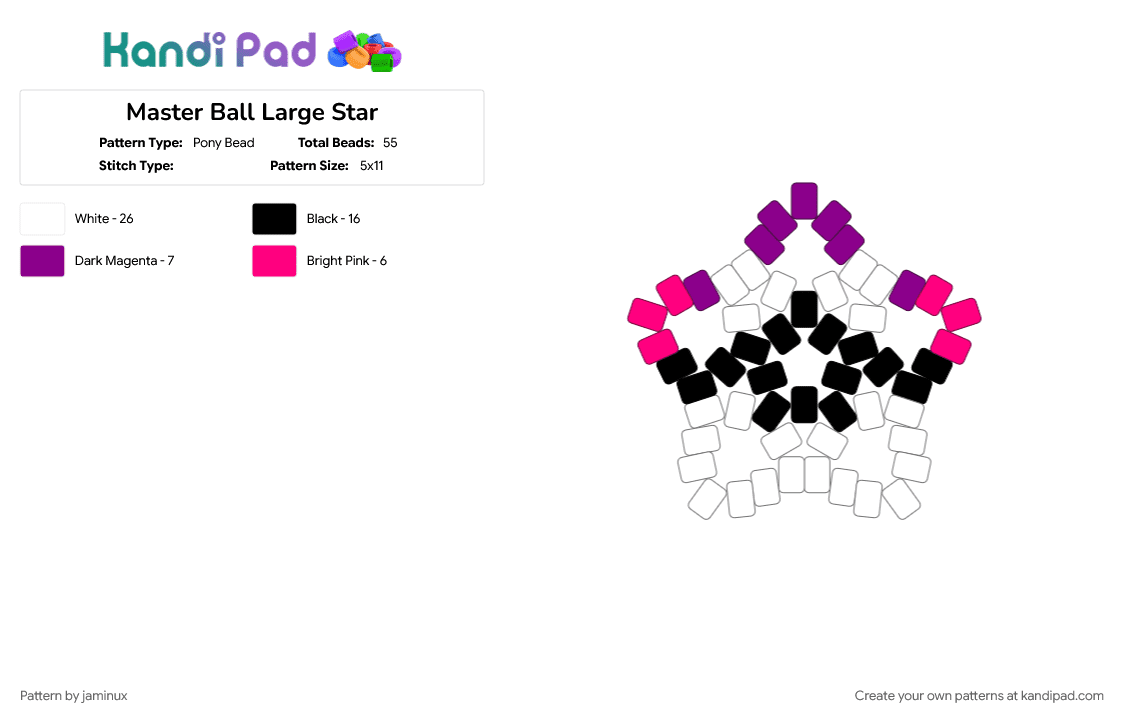 Master Ball Large Star - Pony Bead Pattern by jaminux on Kandi Pad - beginner, easy, gaming, keychain, pink, poke ball, pokemon, pony beads, purple, white