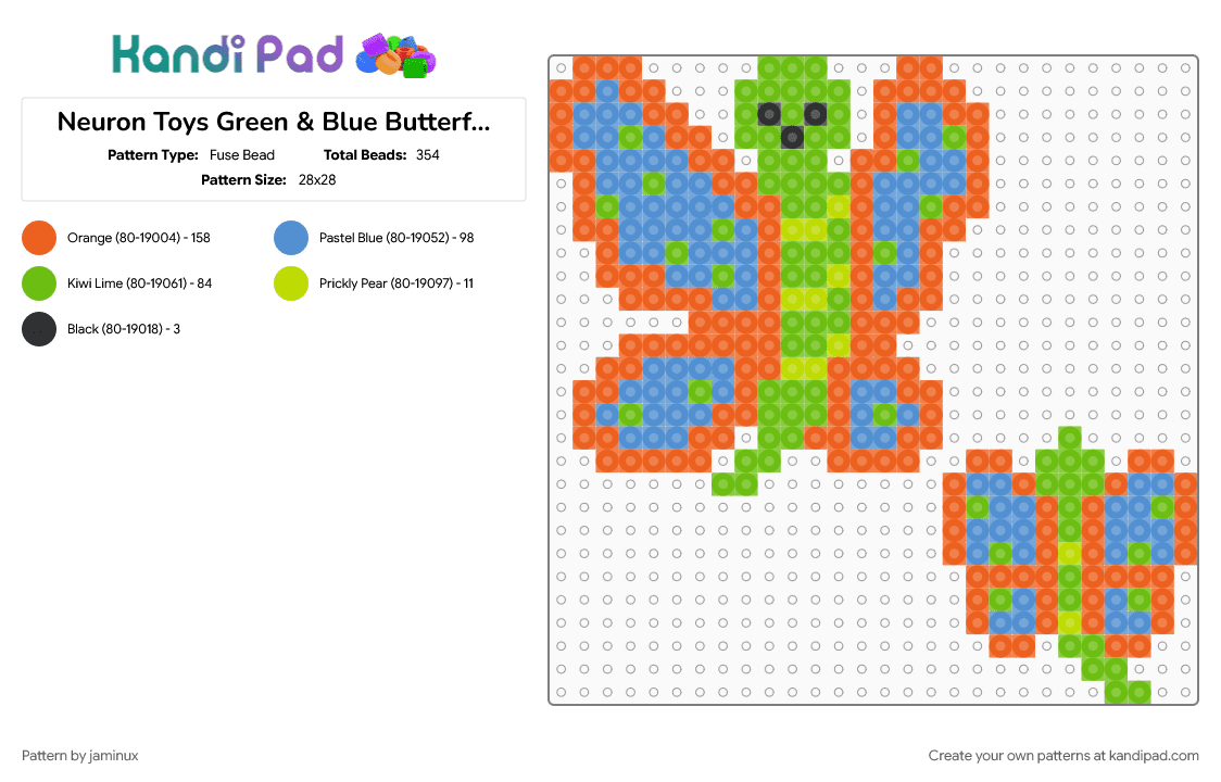 Neuron Toys Green & Blue Butterflies - Fuse Bead Pattern by jaminux on Kandi Pad - animal, bug, colorful, fuse beads, insect, nature, orange, perler, small