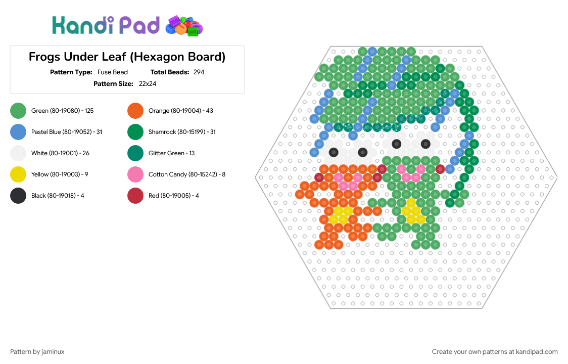 Frogs Under Leaf (Hexagon Board) - Fuse Bead Pattern by jaminux on Kandi Pad - animal, cute, frog, fuse beads, green, nature, orange, perler