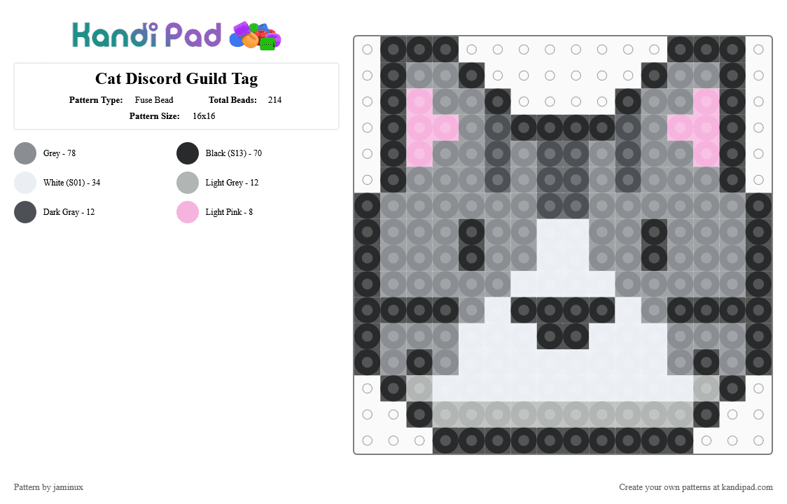 Cat Discord Guild Badge Icon - Fuse Bead Pattern by jaminux on Kandi Pad - gray,kitty,kitten,cute
