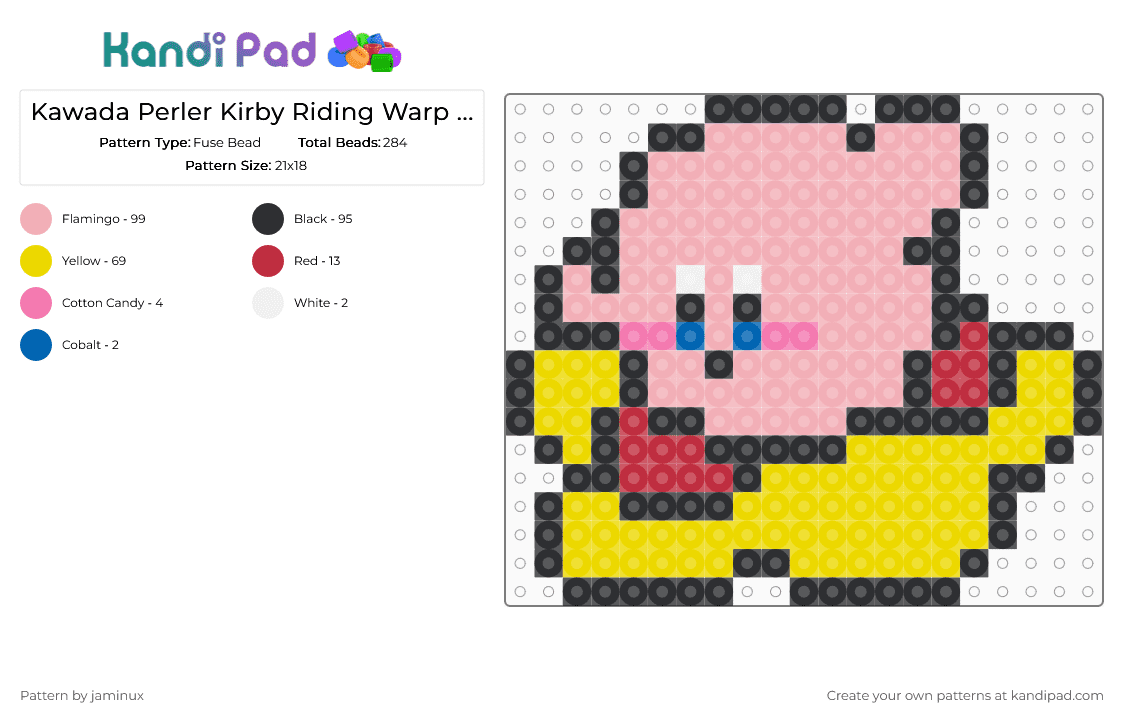 Kawada Perler Kirby Riding Warp Star - Fuse Bead Pattern by jaminux on Kandi Pad - beige,yellow,pink,cute,kawaii,nintendo,small